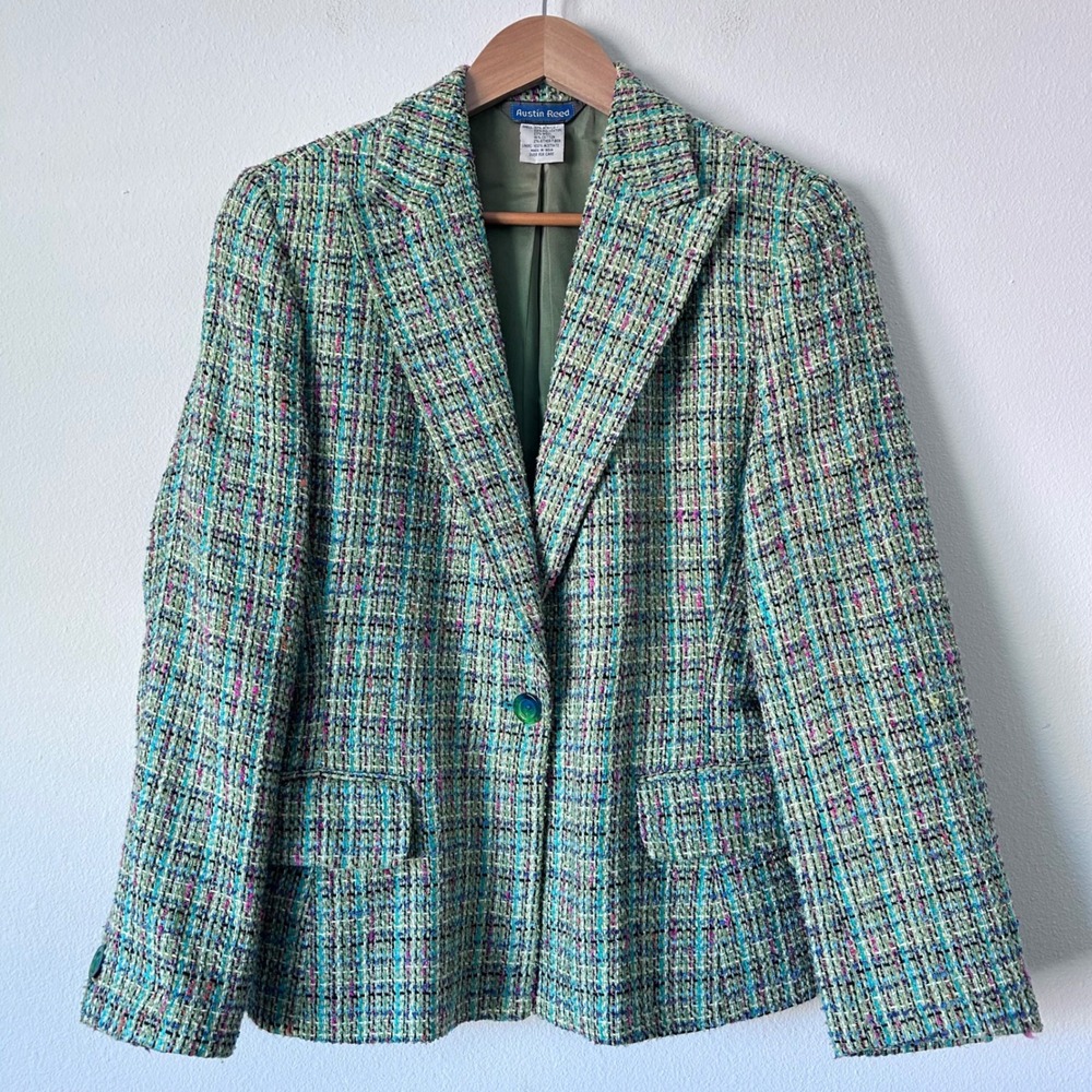 VTG Austin Reed Sz 10 Officecore Wool Tweed Blazer Green Colorful Careerwear